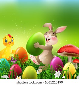 Cartoon rabbit with easter eggs and baby chicken in the field