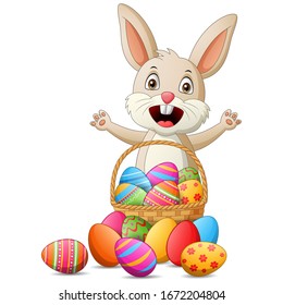 Cartoon rabbit with easter eggs in basket . Vector illustration