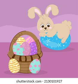 cartoon rabbit and easter eggs in basket