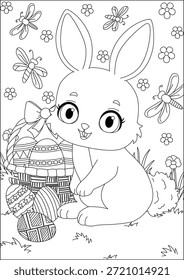 Cartoon Rabbit With Easter Eggs Basket Kids Coloring Page Vector