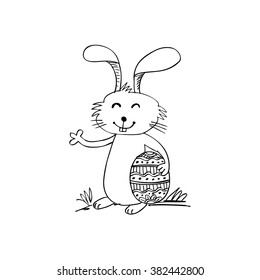  Cartoon rabbit with egg. Hand drawing illustration.