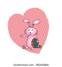  Cartoon rabbit with egg. Hand drawing illustration.