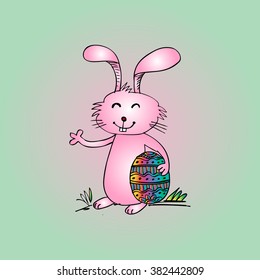  Cartoon rabbit with egg. Hand drawing illustration.
