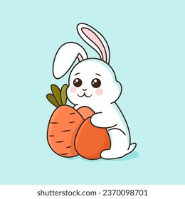 Cartoon rabbit with eggs and carrot. Flat art.