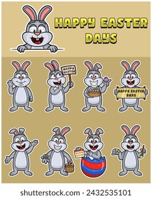 Cartoon of Rabbit with expression set and text. For Happy Easter Days. Vectors Illustrations