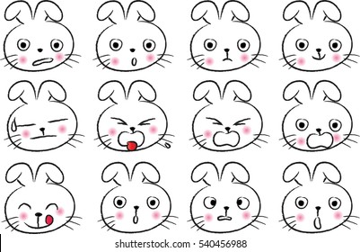 cartoon rabbit face emotions set