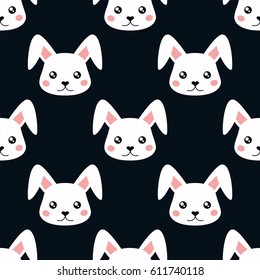 Cartoon rabbit face. Seamless vector pattern on black background