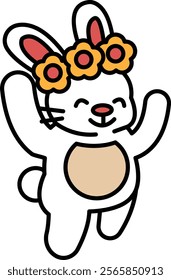 A cartoon rabbit with a flower crown on its head is jumping up and down. The rabbit is smiling and he is happy