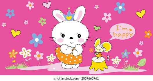 Cartoon rabbit flower garden cute background illustration vector 