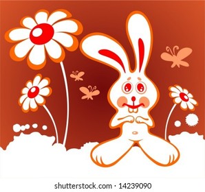 Cartoon rabbit with flowers on a red background.