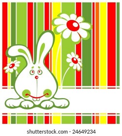 Cartoon rabbit and flowers on a striped background.