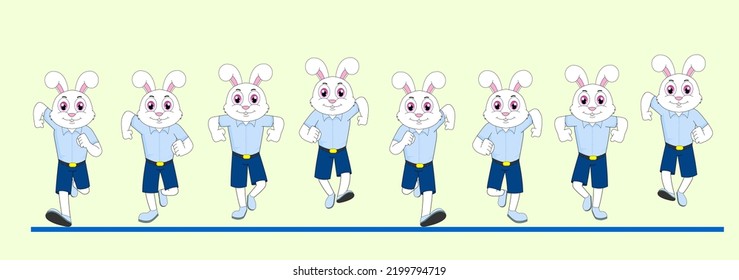 Cartoon Rabbit Frame by Frame Front Run Cycle, Vector Illustration, school dress with shorts, Ready to use for 2D Animation, Infographics, Animated Explanatory video, Motion graphics, Motion Posters
