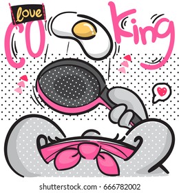 Cartoon rabbit girl holding a frying pan with a fried egg and text "love cooking" on polka dot background illustration vector. 