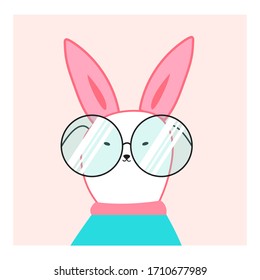 Cartoon rabbit with glasses . Kawai portrait of a hare in a sweater. Design of a greeting card for the new academic year. Vector illustration on an isolated white background.