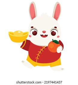 Cartoon rabbit with golden boat yuanbao ingot and tangerines. Happy Chinese new year celebration bunny character for 2023 year of rabbit. vector clip art