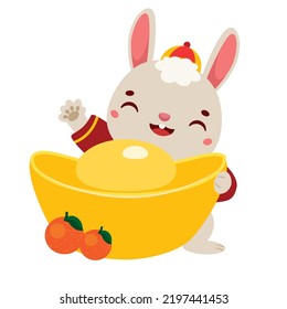 Cartoon rabbit with golden boat yuanbao ingot and tangerines. Happy Chinese new year celebration bunny character for 2023 year of rabbit. vector clip art