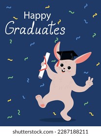 Cartoon rabbit in graduate hat holding a diploma. Vertical vector illustration with animal and confetti