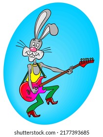 Cartoon rabbit guitarist. Anthropomorphic bunny with an electric guitar. Vector color illustration. Rabbit performs pop music on the guitar.