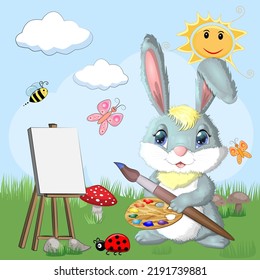 Cartoon rabbit, hare artist with brush, paints, easel. Cute child character, symbol of 2023 new chinese year.