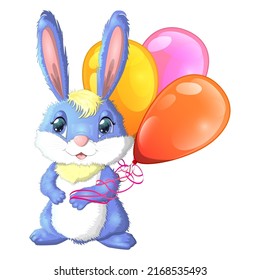 Cartoon rabbit, hare with a bunch of balloons. Cute childish character, symbol of 2023 new chinese year