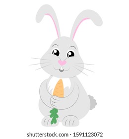 Cartoon rabbit. A hare is eating a mark. Vector illustration on a white background. Drawing for children.