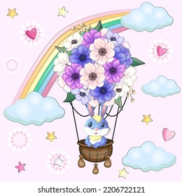 Cartoon rabbit, hare flies in a balloon made of flowers. Cute childish character, symbol of 2023 new chinese year.
