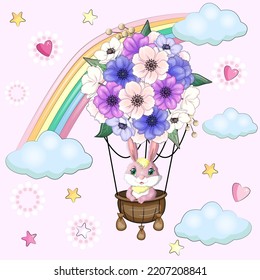 Cartoon rabbit, hare flies in a balloon made of flowers. Cute childish character, symbol of 2023 new chinese year.