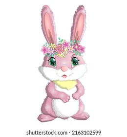 Conejo de dibujos animados, liebre con flores. Personaje infantil, Pascua, primavera, símbolo del Año Nuevo Chino 2023.