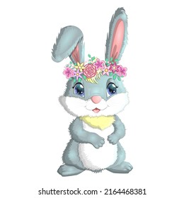 Cartoon rabbit, hare with flowers. Cute childish character, Easter, spring, symbol of 2023 Chinese New Year.