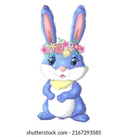 Cartoon rabbit, hare with flowers. Cute childish character, Easter, spring, symbol of 2023 Chinese New Year.