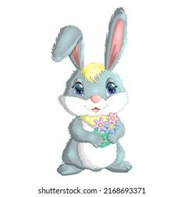 Cartoon rabbit, hare with flowers. Cute childish character, Easter, spring, symbol of 2023 Chinese New Year.