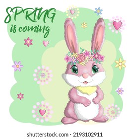 Cartoon rabbit, hare with flowers. Cute childish character, Easter, spring, symbol of 2023 Chinese New Year.