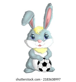 Cartoon rabbit, hare with a football ball. Cute childish character, symbol of 2023 new chinese year.