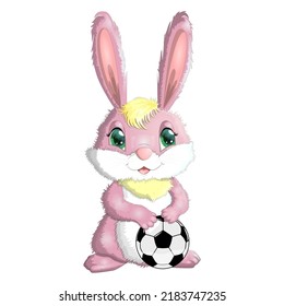 Cartoon rabbit, hare with a football ball. Cute childish character, symbol of 2023 new chinese year.