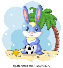 Cartoon rabbit, hare with a football ball. Cute childish character, symbol of 2023 new chinese year.