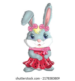 Cartoon rabbit, hare girl in dress, princess. Cute childish character, Easter, spring, symbol of 2023 Chinese New Year