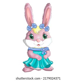 Cartoon rabbit, hare girl in dress, princess. Cute childish character, Easter, spring, symbol of 2023 Chinese New Year