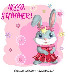 Cartoon rabbit, hare girl in dress, princess. Cute childish character, Easter, spring, symbol of 2023 Chinese New Year