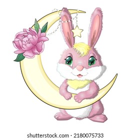 Cartoon rabbit, hare on the moon with flowers and stars. Cute child character, symbol of 2023 new chinese year.