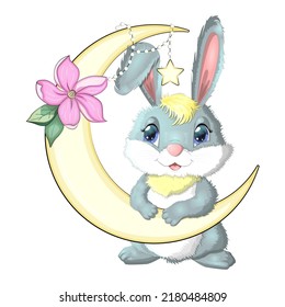 Cartoon rabbit, hare on the moon with flowers and stars. Cute child character, symbol of 2023 new chinese year.