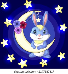 Cartoon rabbit, hare on the moon with flowers and stars. Cute child character, symbol of 2023 new chinese year.