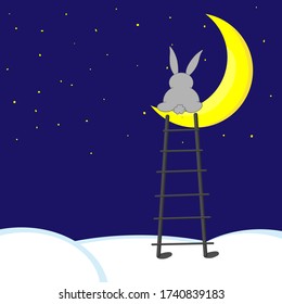 Cartoon rabbit or hare seating on half moon on midnight. rabbit or hare dreaming and thinking about everything. Stars on sky and stair on clouds