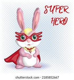 Cartoon rabbit, hare superhero in red cloak and mask. Cute childish character, Easter, spring, symbol of 2023 Chinese New Year