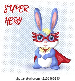 Cartoon rabbit, hare superhero in red cloak and mask. Cute childish character, Easter, spring, symbol of 2023 Chinese New Year