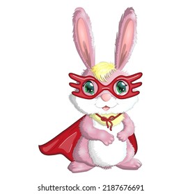 Cartoon rabbit, hare superhero in red cloak and mask. Cute childish character, Easter, spring, symbol of 2023 Chinese New Year