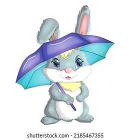 Cartoon rabbit, hare with an umbrella. Autumn, Cute childish character, symbol of 2023 Chinese New Year.