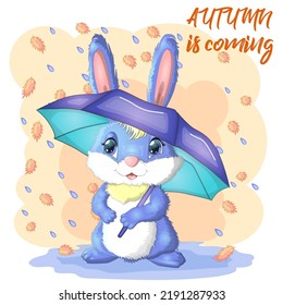 Cartoon rabbit, hare with an umbrella. Autumn, Cute childish character, symbol of 2023 Chinese New Year.