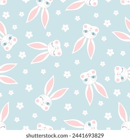 Cartoon rabbit head and flowers. Seamless pattern in Scandinavian style. Easter theme. For the design of Easter cards, congratulations, backgrounds, wallpaper, fabric, scrapbooking, etc. Vector