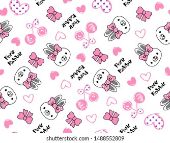 cartoon rabbit head pattern, vector illustration, cherry fruit, ribbon, heart block and contour as background