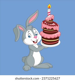 cartoon rabbit holding birthday cake animal character design illustration